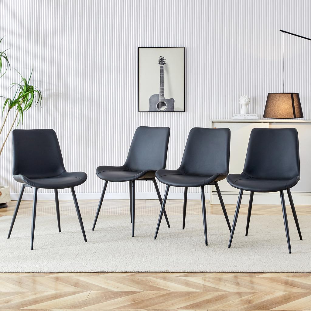 4-Piece Set Modern Dining Chairs in Black with PU Cover and Metal Frame - Wide Seats with Backrest, for Dining Room, Home Office and Living Areas