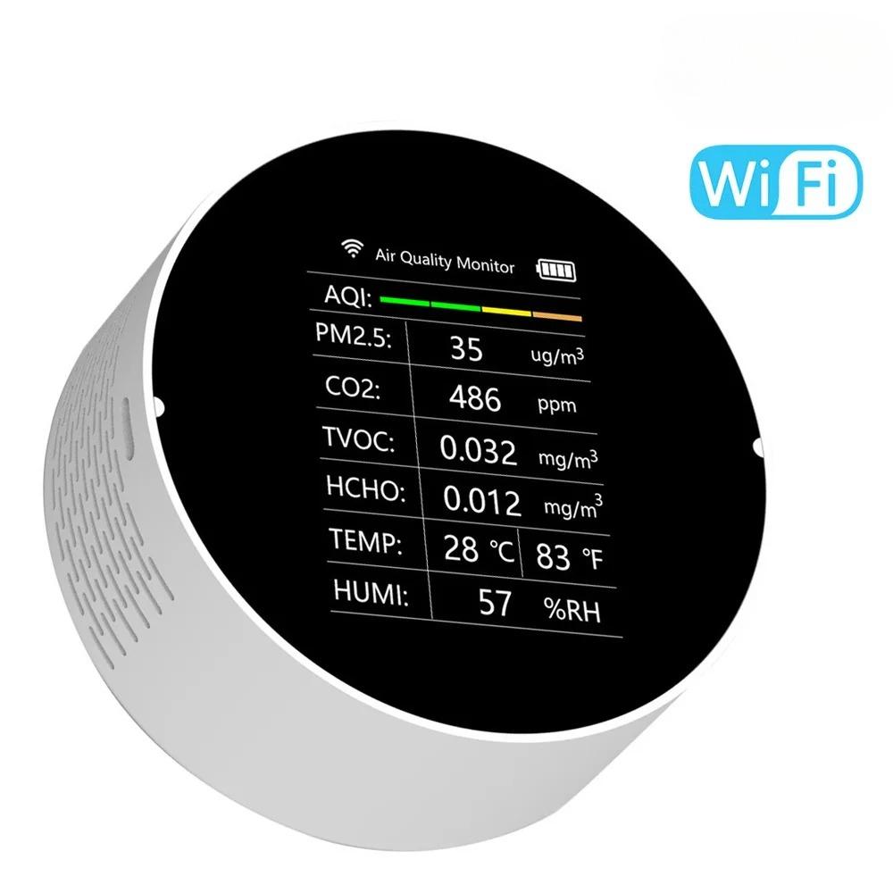 Portable WiFi Multifunctional Air Quality Detector 7 In 1 PM2.5 CO2 HCHO Temperature Humidity AQI Detector Home Desk Office Car with Digital Display