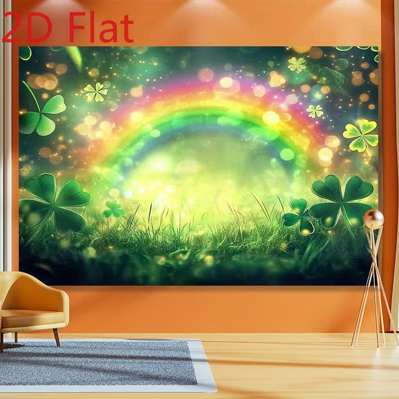 2D St. Patrick's Day Backdrop, Green Clover & Glitter Rainbow Photography Banner