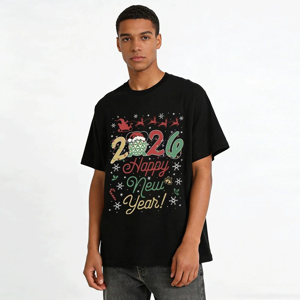 2026 Happy New Year Santa Reindeer Printed Casual Top Pure Cotton T-shirt