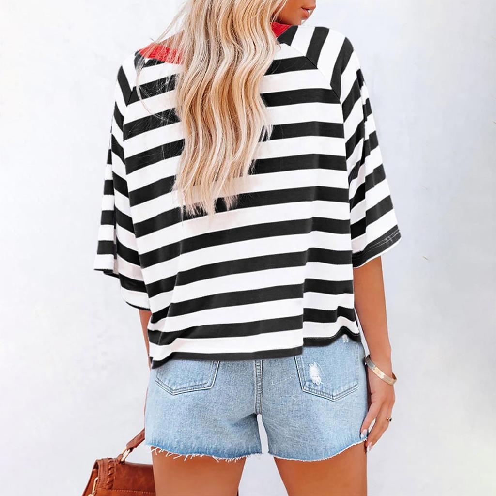 Topy dla kobiet Modne w paski T-shirty dla kobiet Projekt z blokowaniem kolorów Luźna podstawowa koszulka