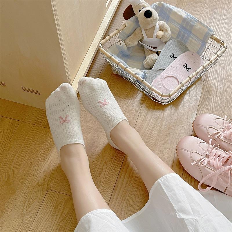 Summer Thin Dot Yarn Bow Boat Socks, Low-top Shallow-mouth Invisible Socks for Women, Anti-slip, Simple, Pure Cotton, No Heel Drop
