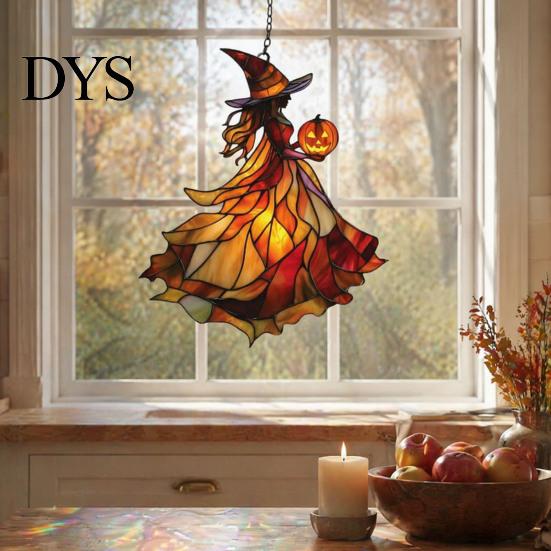 Whimsical Halloween Home Decorations Witch Acrylic Suncatcher, Stained Glass Effect Window Car Hanging Ornament, Gothic Scary Party Supplies for with