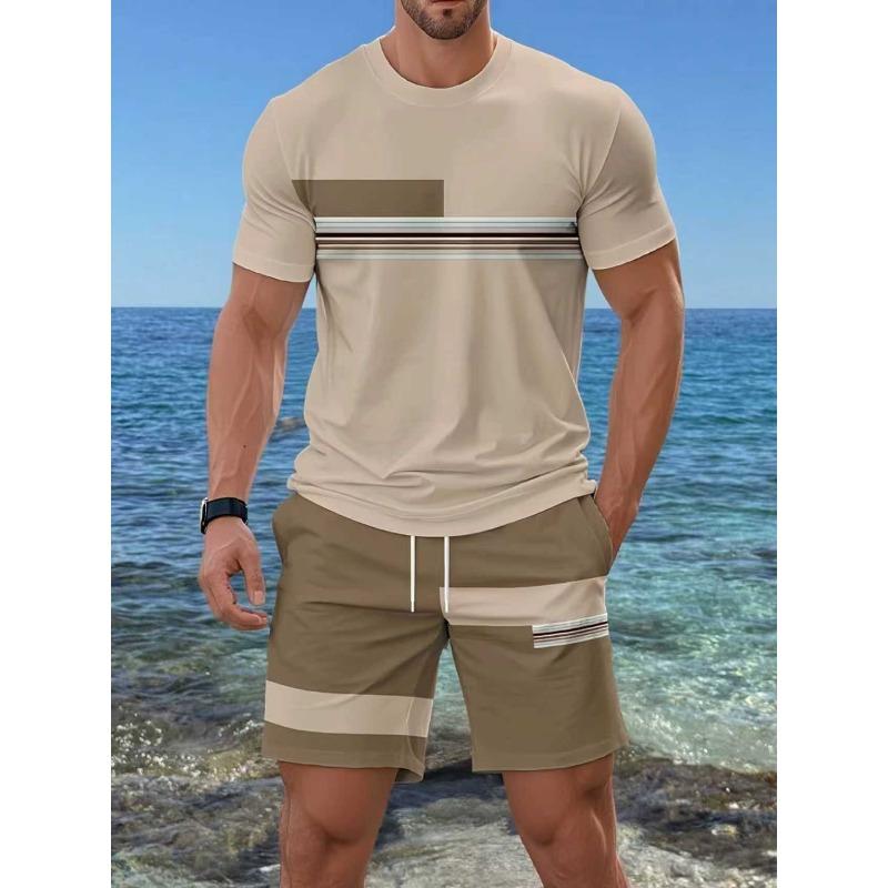 Summer  Arrival Men's Casual Two-Piece Set Striped Print Short-Sleeve Shirt and Athletic Shorts Set