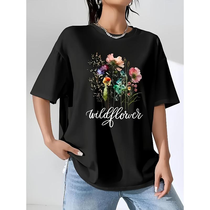 Tailles européennes T-shirt décontracté pour femme avec motif floral sauvage - Manches courtes, col rond, design floral d'été avec texte « Wildflower »