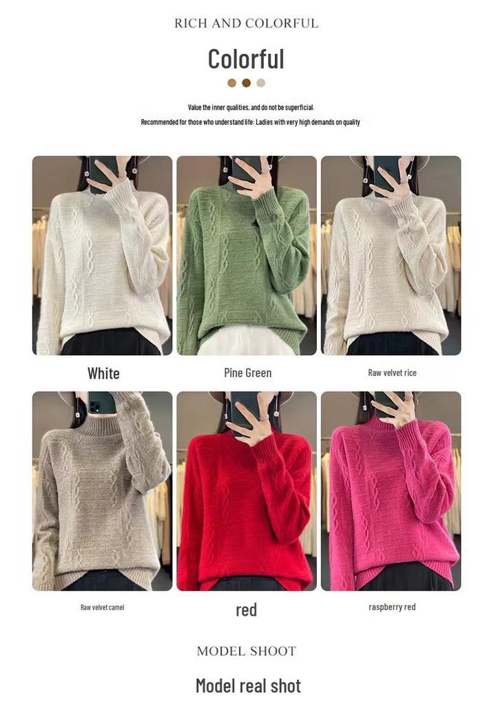 Women's High Neck Wool Sweater - Thick, Loose Knit Top for Autumn/Winter