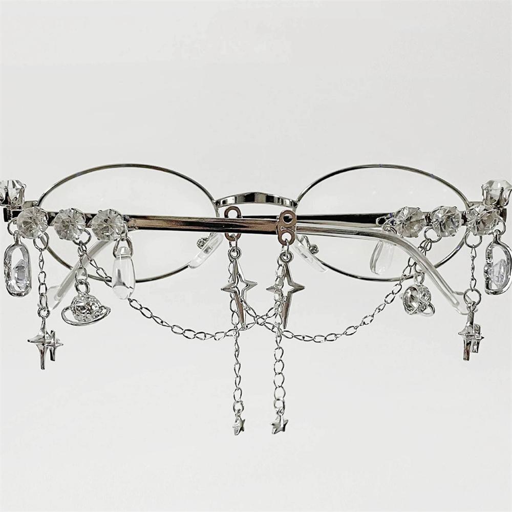 Y2K Retro Fashion Glasses with Chain Star Pendant Decor Lolita COS Silver Round Frame Spectacles for Women Aesthetic Accessories