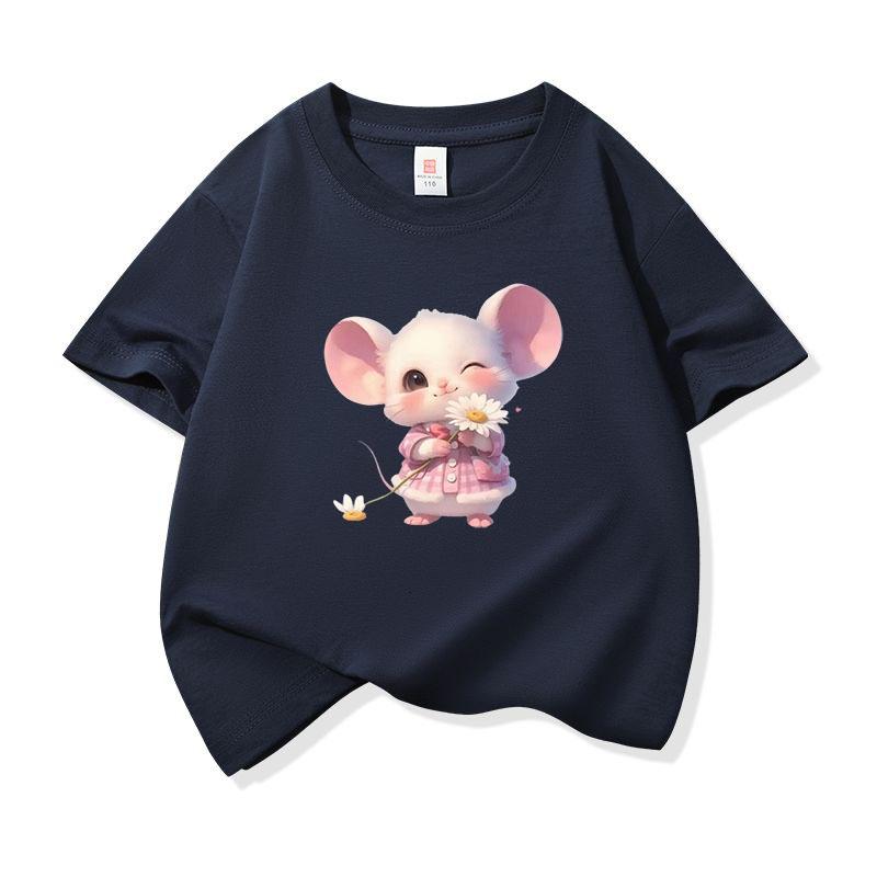 Kids Cotton T Shirt Little Mouse With Daisy Flower Print Crew Neck Short Sleeve Tee Casual Boys Girls Summer Tops