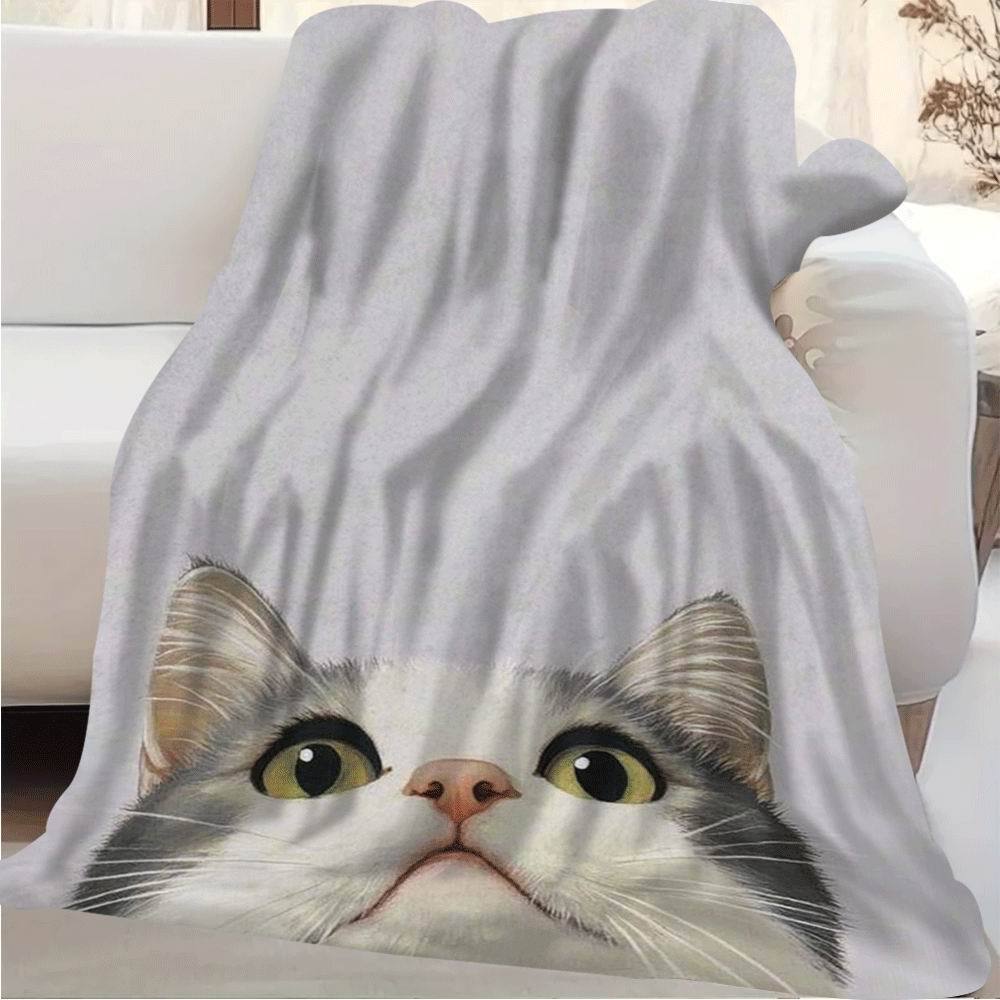 1pc 60x80 Inch Single-Sided Printed Blanket - White & Gray Cat with Green Eyes on White Background, Retro Style Cozy Soft Lightw