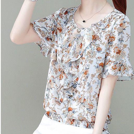 

Новая шифоновая блузка с коротким рукавом и цветочным принтом, модная свободная рубашка с v-образным вырезом и рюшами, женская одежда 3XL белый
