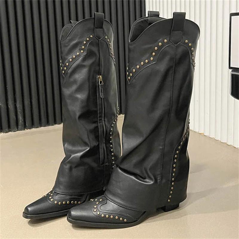 

Модные ботинки-клепки женские ботфорты панк с острым носком на квадратном каблуке обувь на молнии Botas Largas De Mujer 35