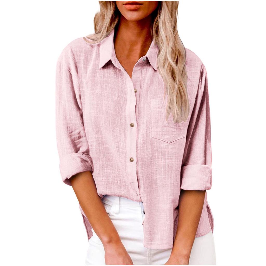 Autumn 2025 Women's Loose Fit Button-Up Cotton Linen Long Sleeve Top with Plain Color and Lapel
