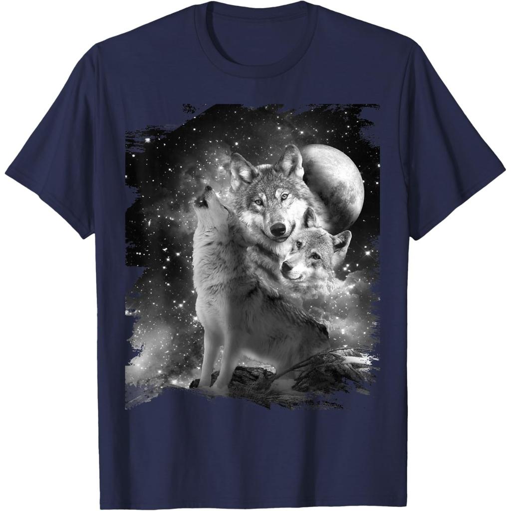 Wolf Family Howling Graphic Tee Black White Print Casual Round Neck Tshirt For Men