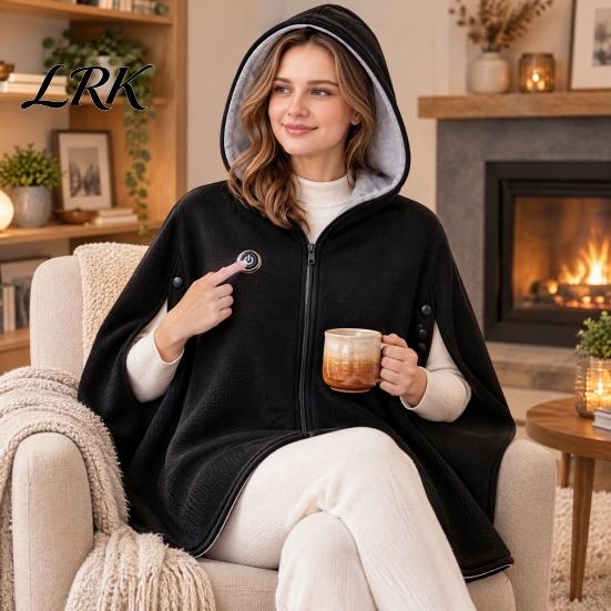 Beheizte Loungewear für Zuhause USB-Schal-Decke mit Kapuze, 3-stufig verstellbarer warmer Poncho, Tragbare Thermowickel für Damen, Reißverschluss vorne, Fleece, Büro