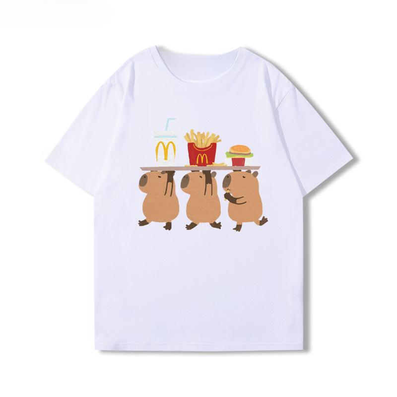 2025 Cute Capybara Capibara Coffee Chips Cartoon Peripheral Short Sleeve Men's and Women's Summer Cotton T-shirt Trend Tops Tee