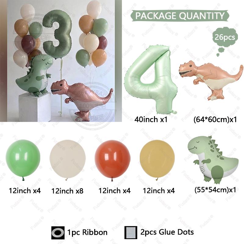 26pcs Tyrannosaurus Rex Cute Dinosaur Balloon Olive Green Number 1-9 Balloon Set Jurassic Theme Birthday Party Decoration