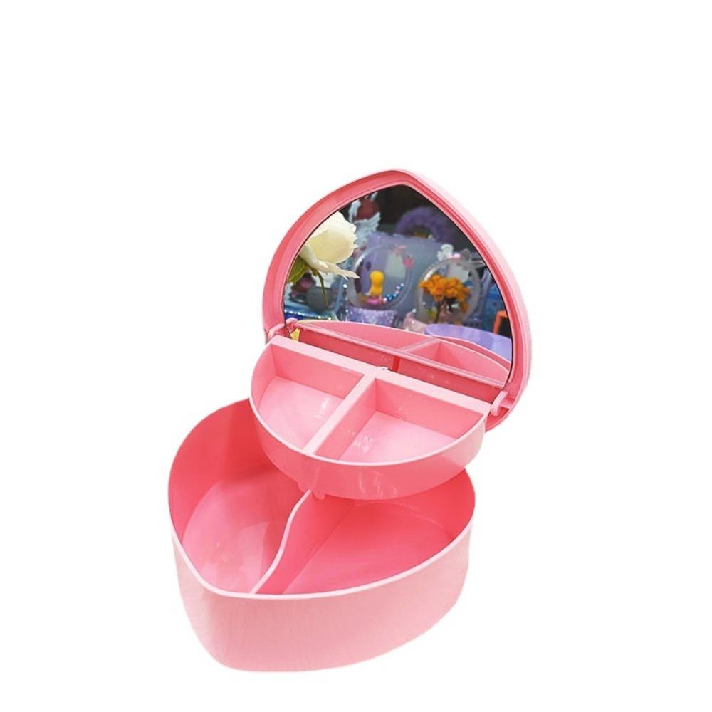 Large Capacity Heart Shape Jewelry Box Double Layer with Mirror Jewelry Case Boxes Plastic Solid Color Make Up Container
