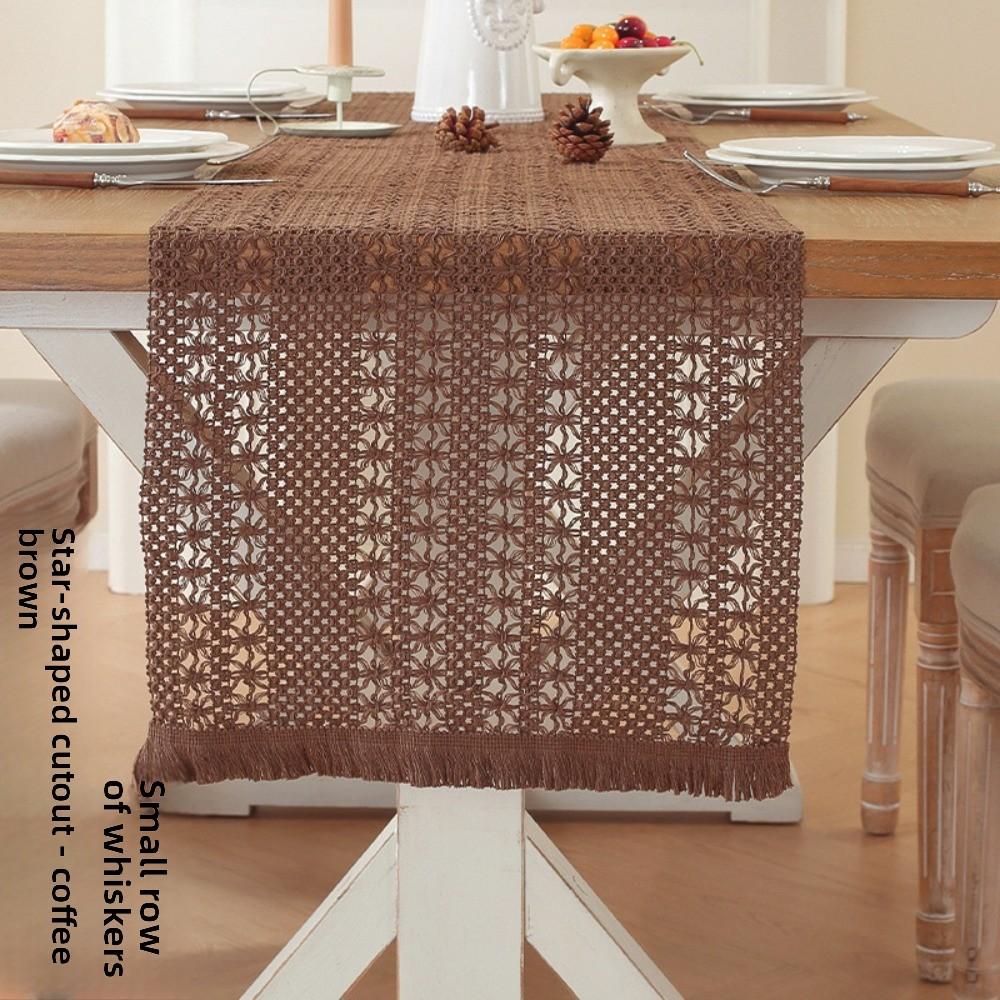 Vintage Linen Cotton Christmas Table Runner American Style Lace Weave Fringe Holiday Decoration