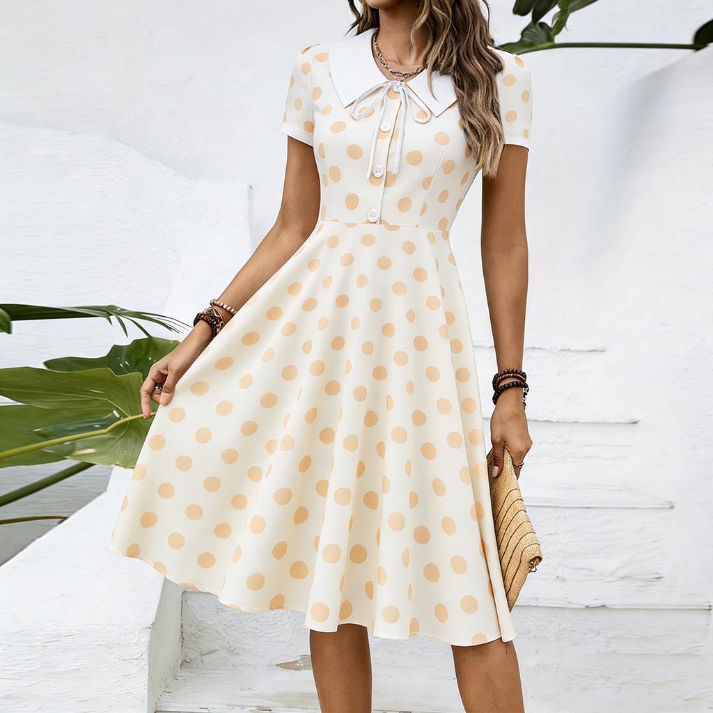 Damen Vintage V-Ausschnitt Knopfleiste Pünktchen Kleid mit ausgestelltem Saum Kurze Ärmel Retro Fit and Flare Kleid für den täglichen Gebrauch