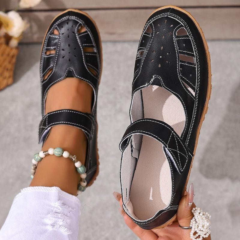 Women's Plus Size Closed Toe Roman Sandals, breathable hollow out flat design with comfy soft fit for daily casual walking wear