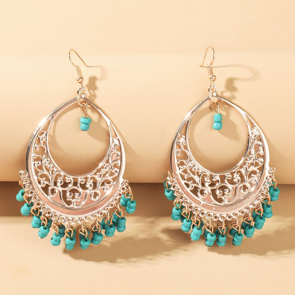 2pcs Bohemian Hollowed Out Rice Bead Tassel Women's Earrings for Vacation and Personalized Accessories