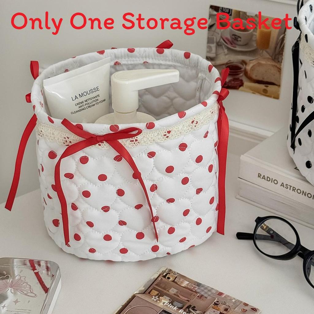 Stylish Nylon Dot Pattern Storage Bin With Ribbon For Makeup And Toy Organization