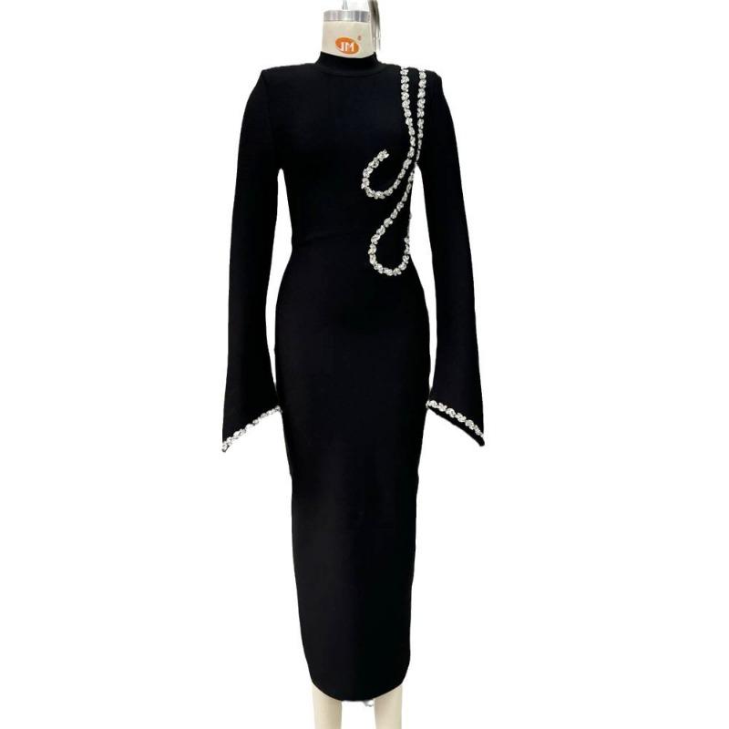 Autumn and winter turtleneck rhinestone long-sleeved bandage dress fashion tight party dress