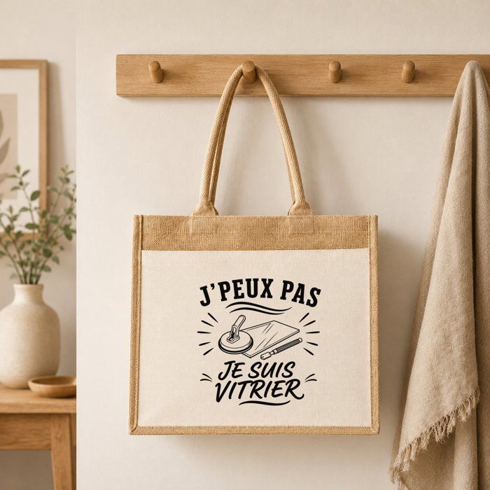 Sac Cabas Jute avec Poche J’peux pas je suis Vitrier J'peux pas minimaliste | Toile de Jute et Coton 21 L Fond Plat Anses 65 cm