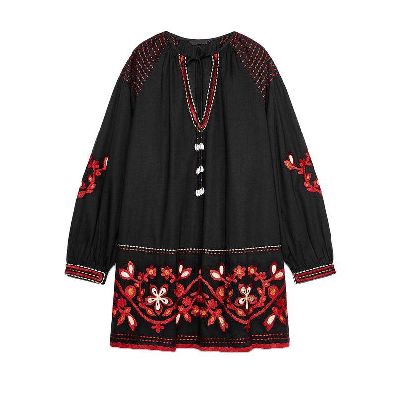 

Летний новый продукт Женская одежда Кружевная шнуровка на груди Свободный этнический стиль Ретро вышитое платье мини с V-образным вырезом 2903042 Black L