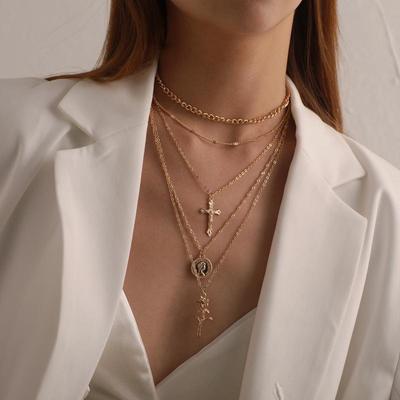 Multiple Layers Rose Cross Necklaces For Women Charm Gold Silver Chokers Necklace Boho Collares Female Jewelry