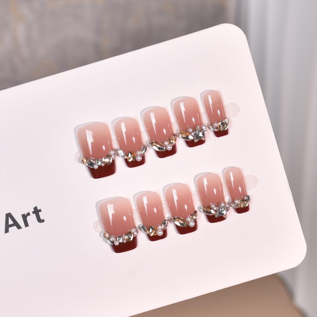 New Year's autumn and winter burgundy French whitening wearing nail fake nail patch nail art flash nail ins wind nail art