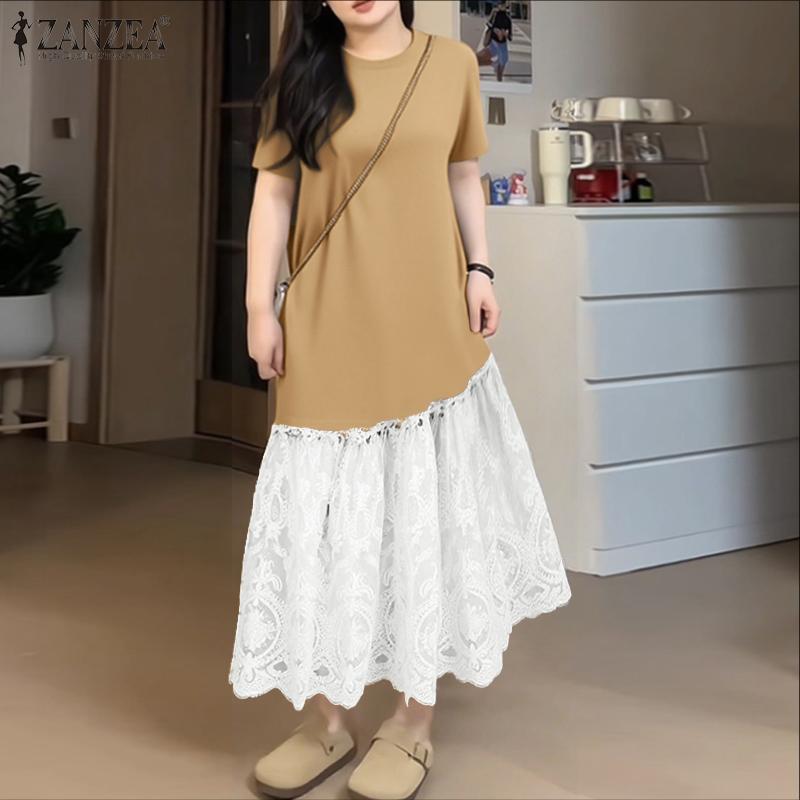 ZANZEA Women Casual Round Neck Short Sleeve Lace Splice Long Dress