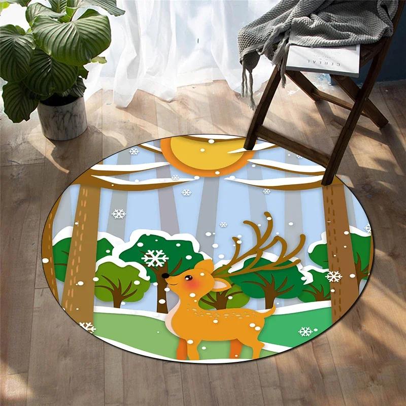 Forest Deer Round Carpet Soft Cartoon Rug Non-Slip Circle Floor Mat for Living Room Bedroom Sofa Bathroom Children's Dorm Decor