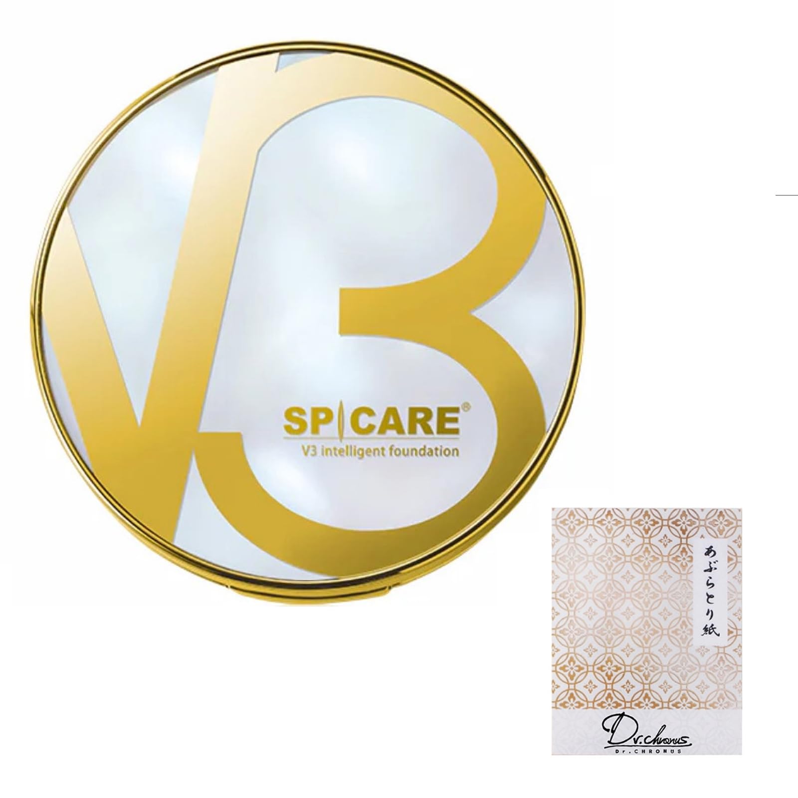 

SPICARE V3 Интеллектуальный тональный крем 15 г в футляре с 1 спонжем, защитной пломбой от УФ-лучей и номером партии, в комплекте оригинальная матирующая бумага Chronos SPF50+ PA++++ золотой