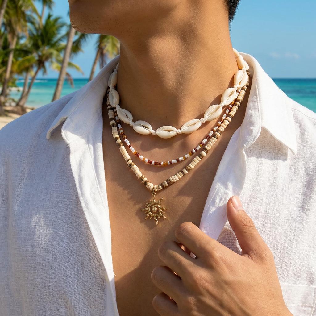 Unisex Boho Surfer Layered Necklace for Women Man Cowrie Shell Choker Tribal Wood Bead Sun Pendant Summer Beach Vacation Jewelry