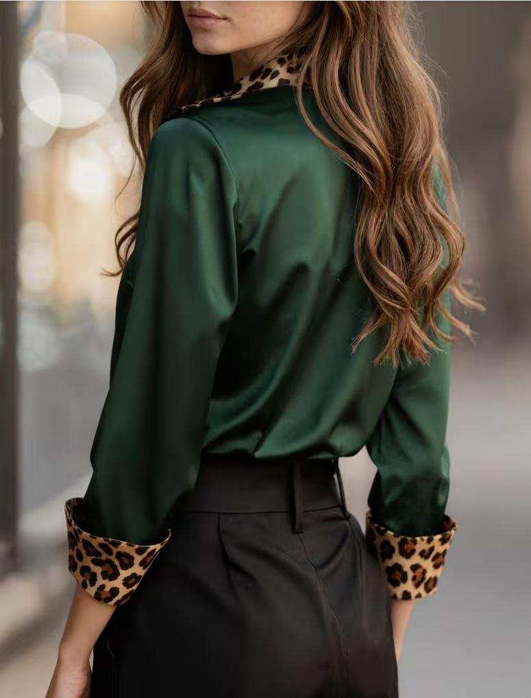 Leopard Print Satin Patchwork Long Sleeve Shirt for Women