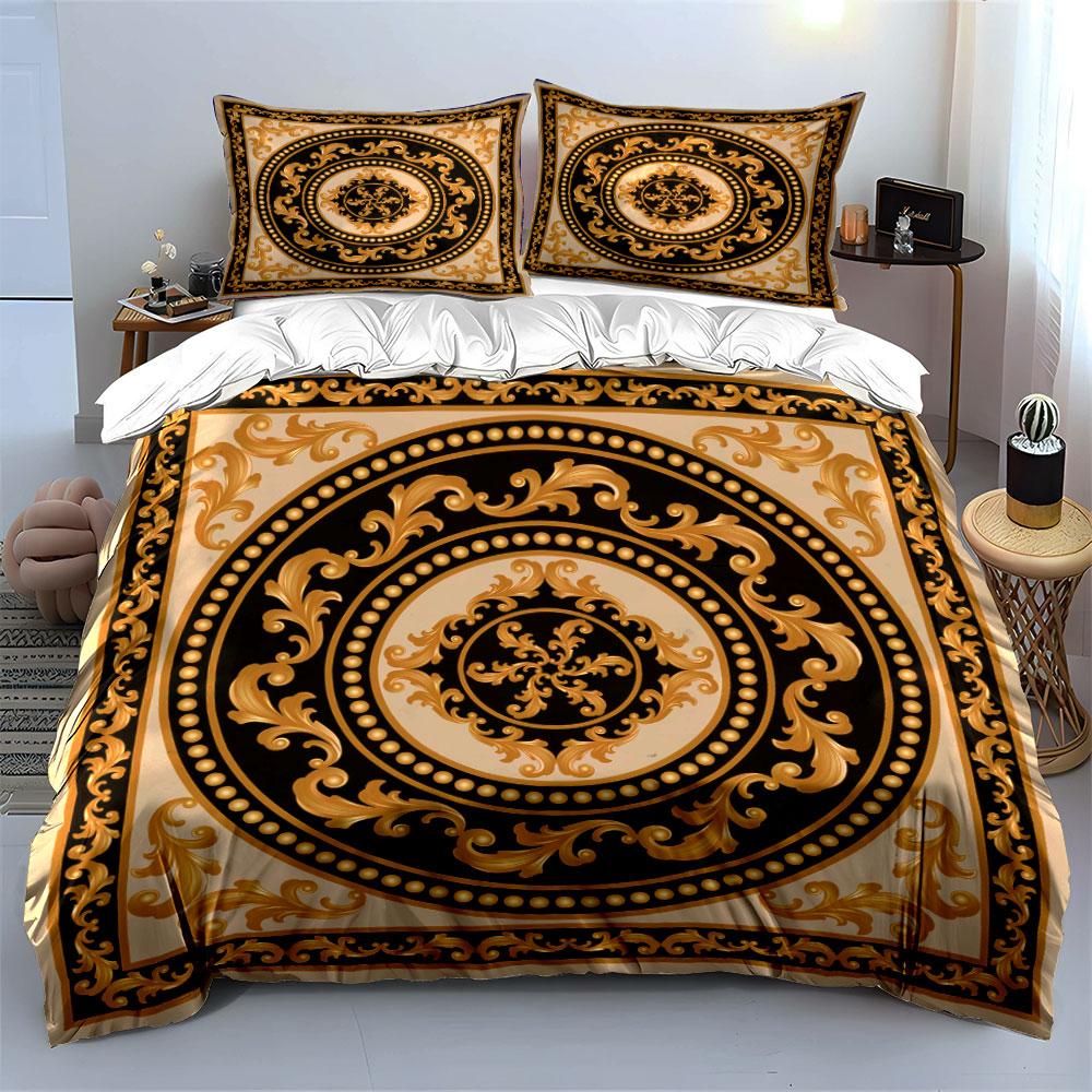 3Pcs Baroque Style Bedding Set, Gold Black Beige Ornate Pattern Print Duvet Cover + 2 Pillowcases, Luxury Decor