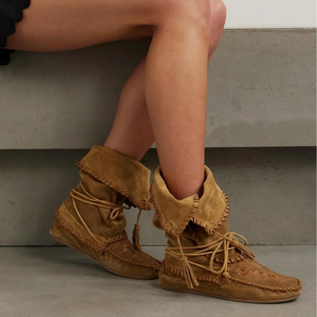 Moda 2025 Nowość Brązowe Z frędzlami Szyte szwem biczowym Zamszowe Kozaki Damskie Okrągły Czubek Skóra Podwyższane Kozaki do Połowy Łydki Letnie Miękkie Buty na Imprezę