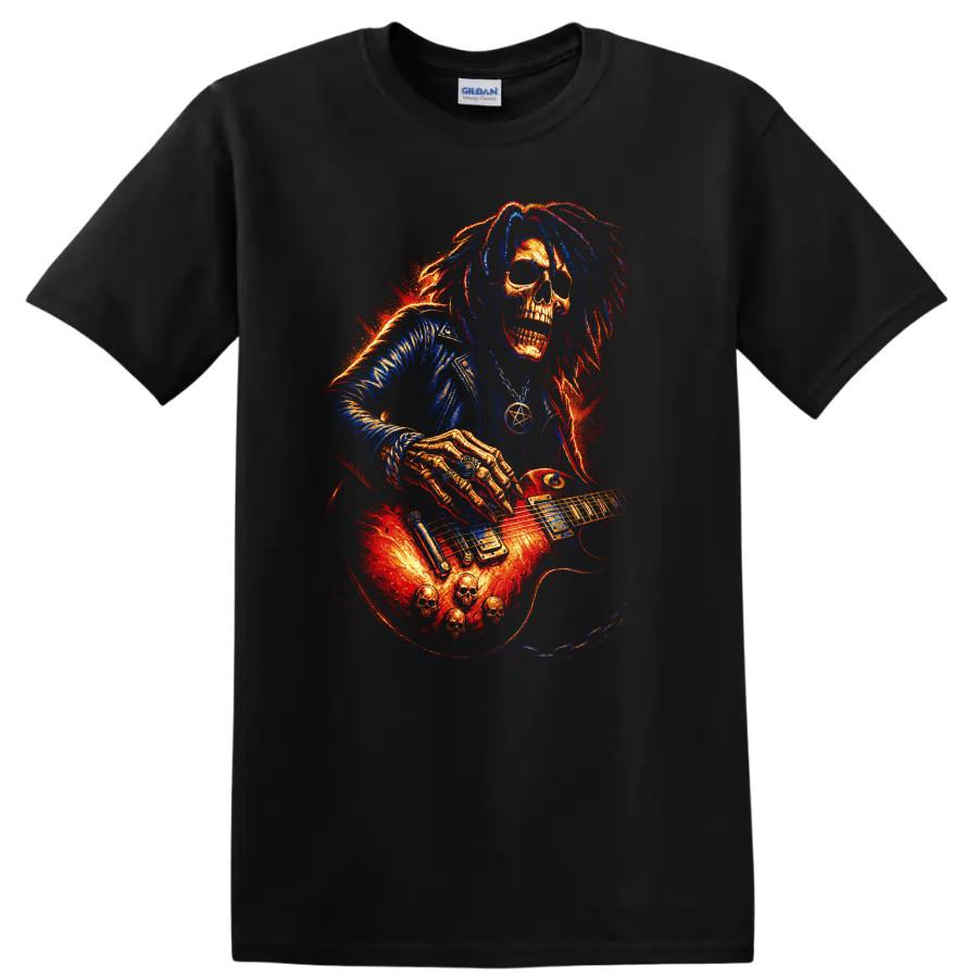 Skull Guitarist T Shirt w/ Electric Guitar Fiery Gothic Rock Music Art Cool Tee