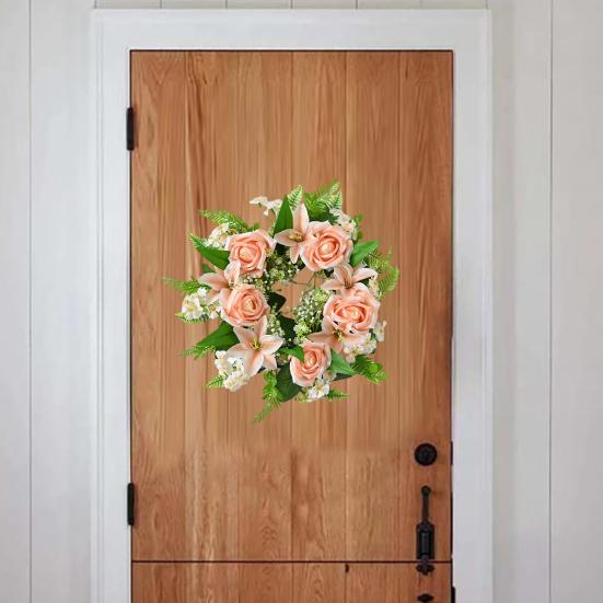 Artificial Floral Wreath for Front Door Realistic Large Rose Lily Flower Wreath with Leaves for Spring Valentine's Mother's Day Wedding Home Decor