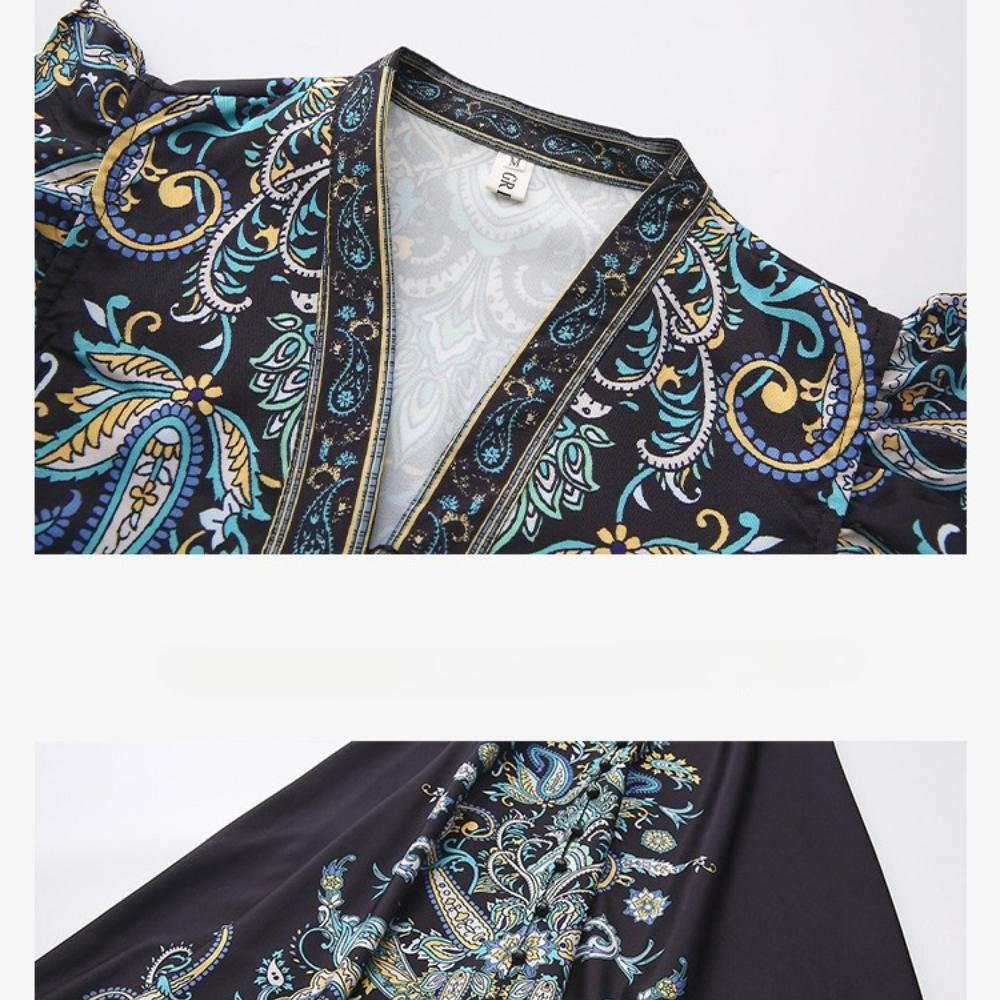 2026 Spring/Summer New Arrival Retro Ethnic-Style Cap Sleeves Printed Long Maxi Dress for Women with Belt