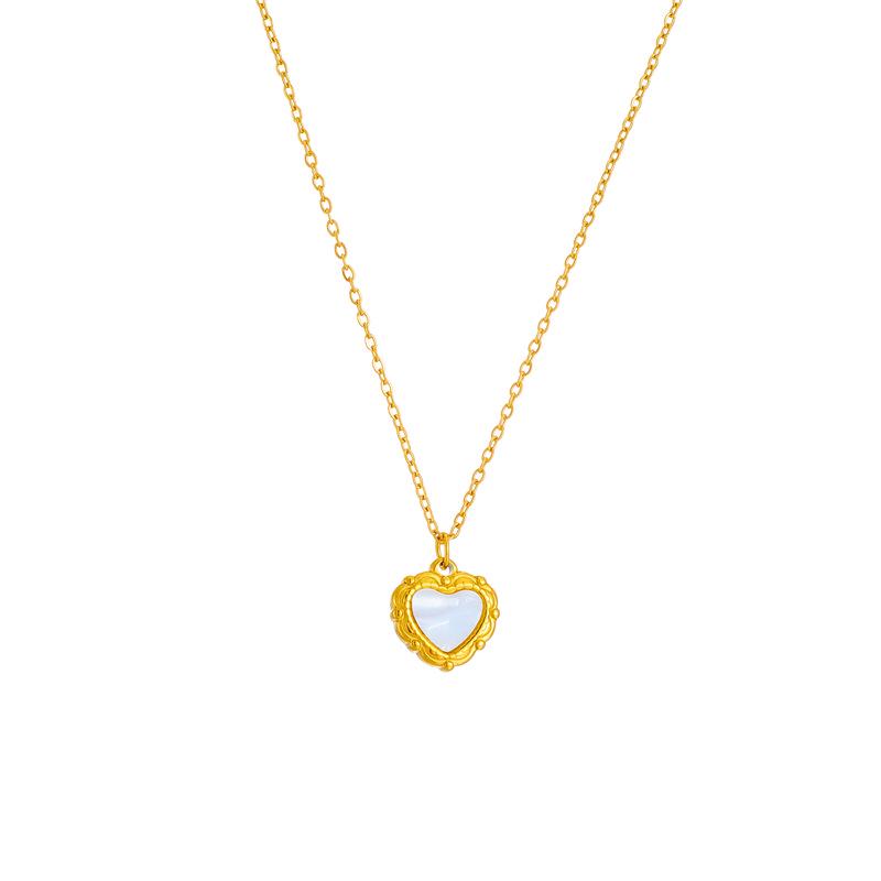 Titanium Steel Heart Set: Necklace & Earrings with 3D White Shell Peach Heart Pendant
