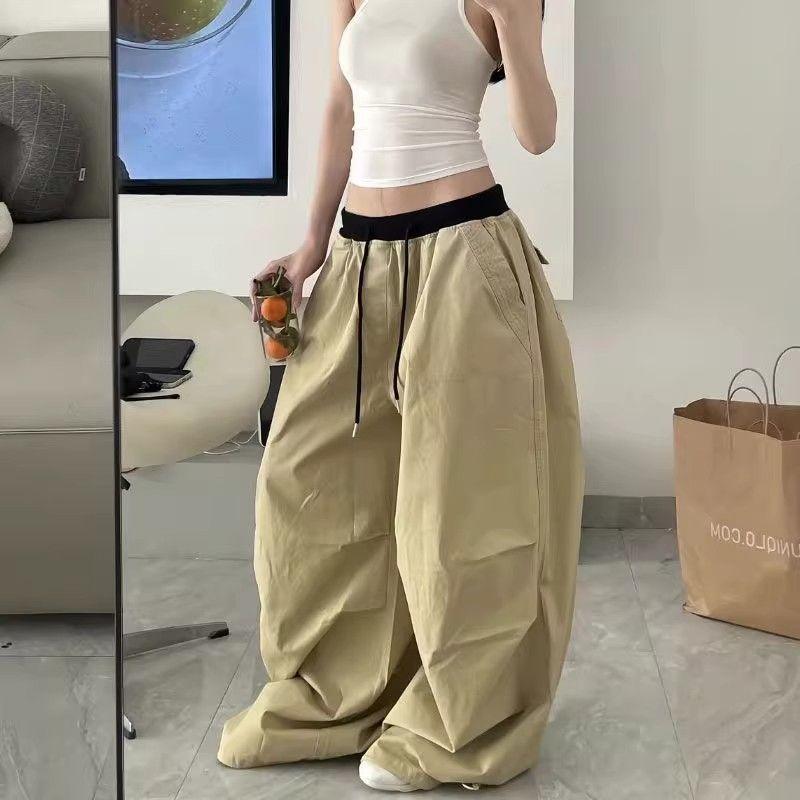 American Vintage Washed High Waist Wide Leg Loose Casual Cargo Pants For Women