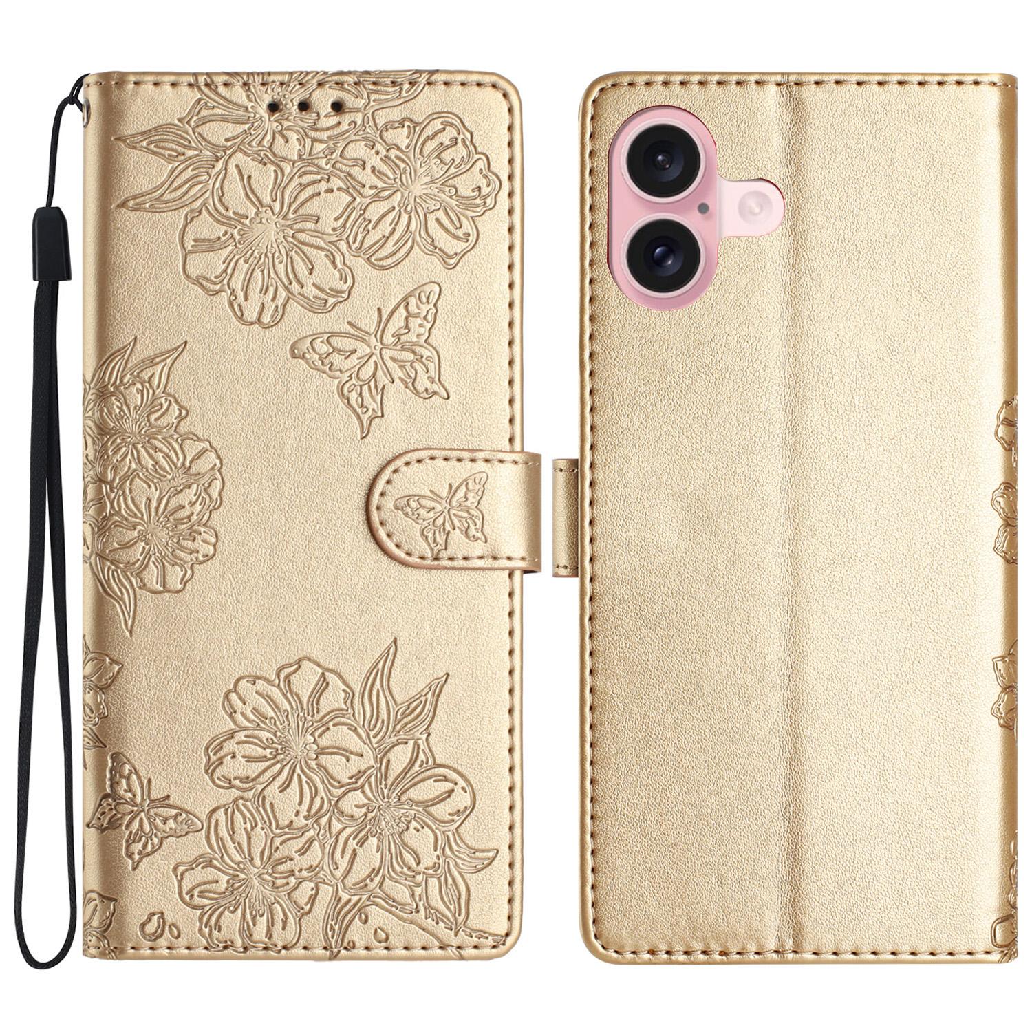 

For iPhone 16 Case Butterfly Flower Imprinted PU Leather Phone Cover Purse Wrist Strap