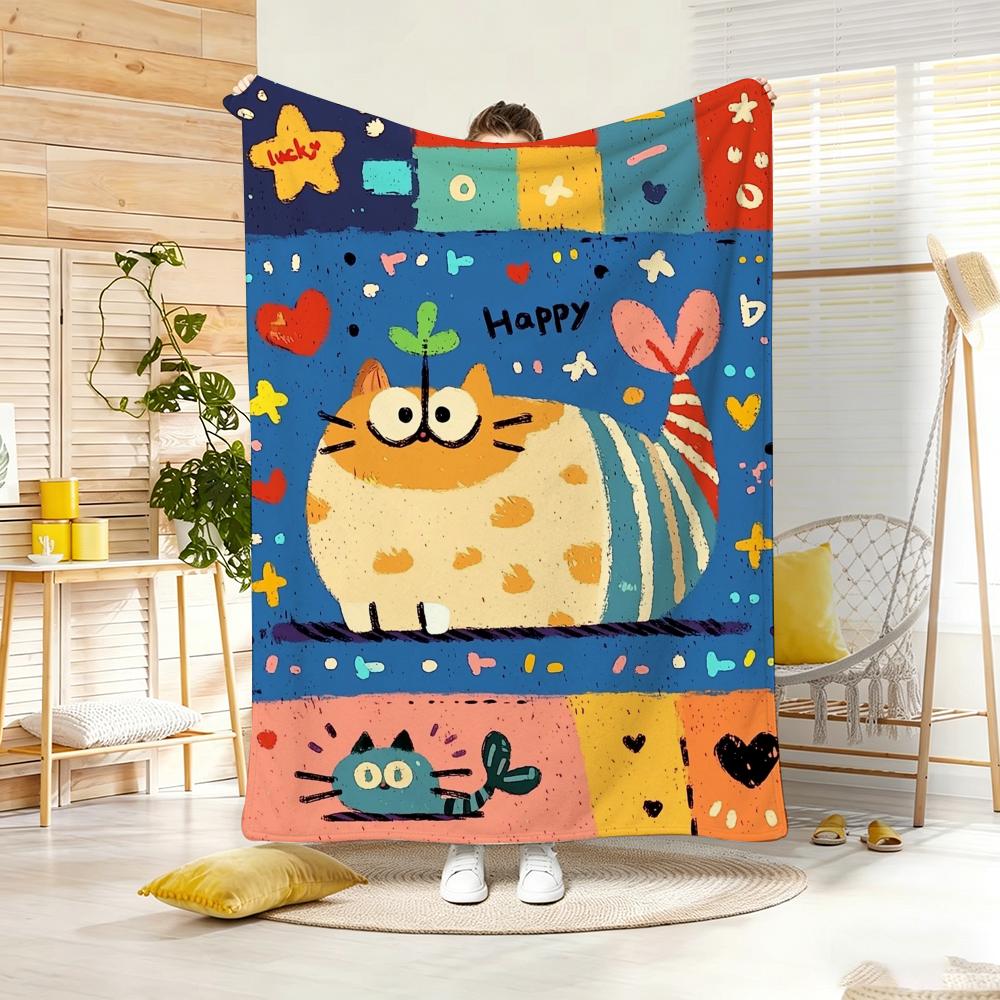 Painting Cute Cat And Fish Throw Lightweight g Flannel Blanket Soft Skinfriendly for Summer Cooling