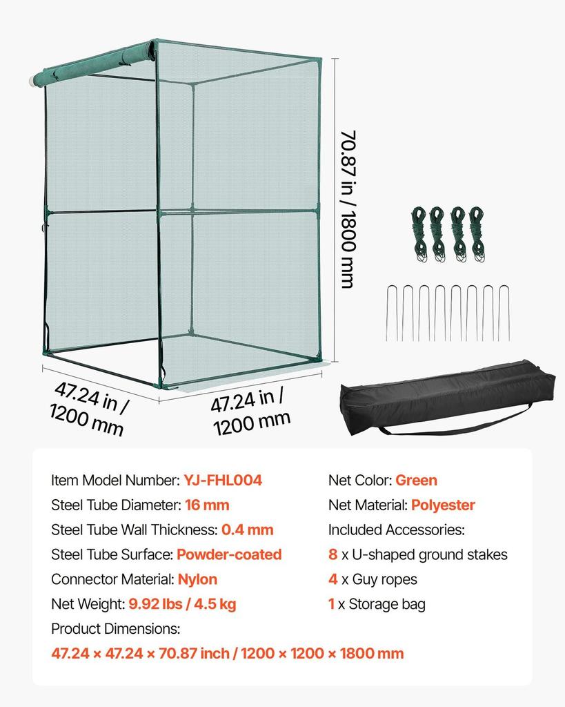 Crop Cage, 1.2 X 1.2 X 1.8 M Plant Protection Tent with Zippered Door, Wind-Resistant Tall Crop Cage, Easy To Install, Outdoor Raised Bed Cover,