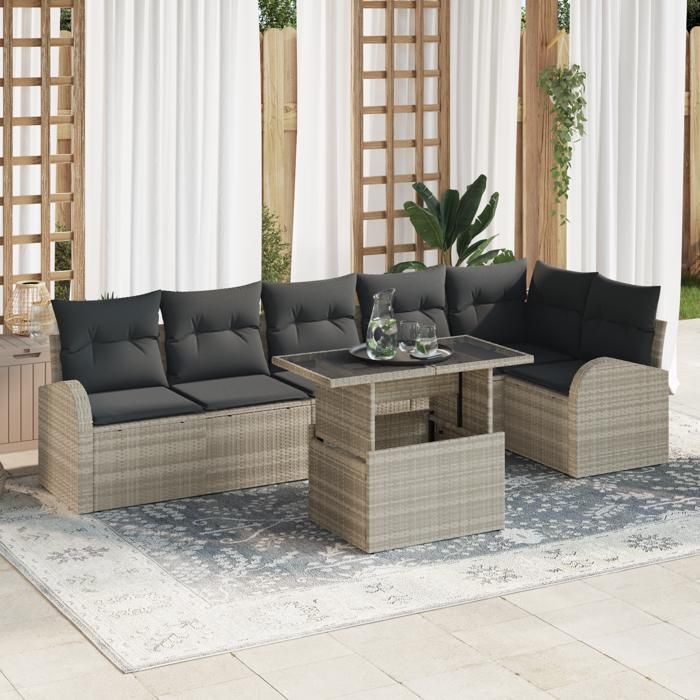 Ensemble de canapé de jardin 7 pièces avec coussins rotin poly gris clair, Canapé de jardin 2 places avec rangement 3357395
