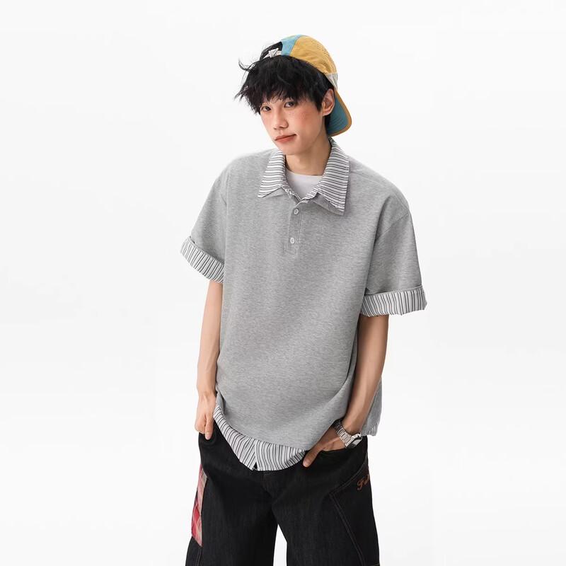 QOTRIOCK Unisex Striped Fake Two-Piece Polo T-Shirt