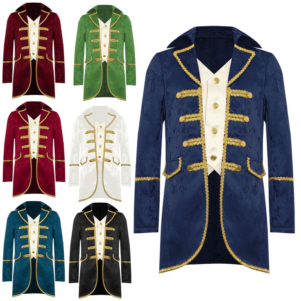 Boys Victorian Steampunk Jacket: Fake 2-in-1 Long Sleeves Gold Trimming Medieval Gothic Coat for Halloween Cosplay
