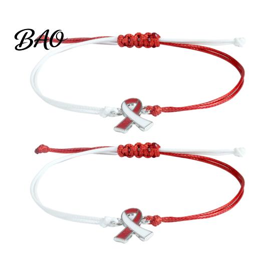 Braided Rope Wristband 2 Pcs Breast Cancer Awareness Bracelets, Adjustable String Jewelry Bracelets with Ribbon Charm, Inspirational Gifts for